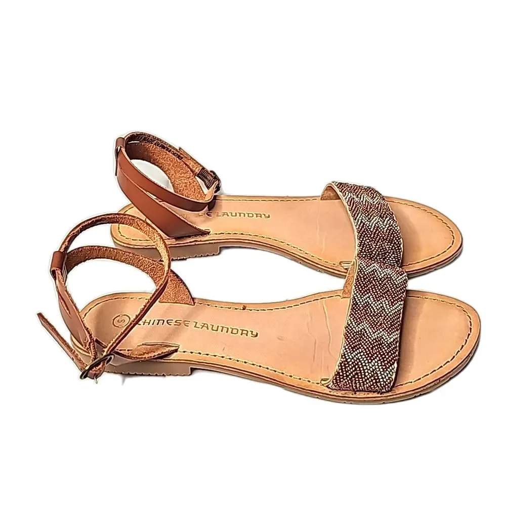 Sandals by Chinese Laundry Beaded Leather Tan Copper Gray Size 9